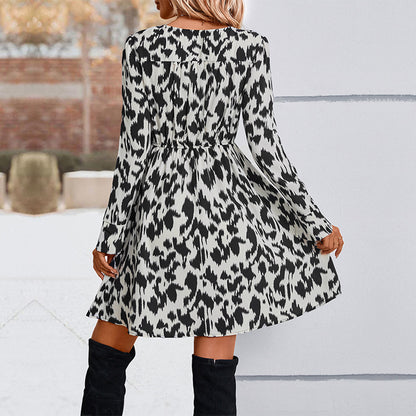 Leopard Print A-Line Mini Dress with Contrast V-Neck Trim