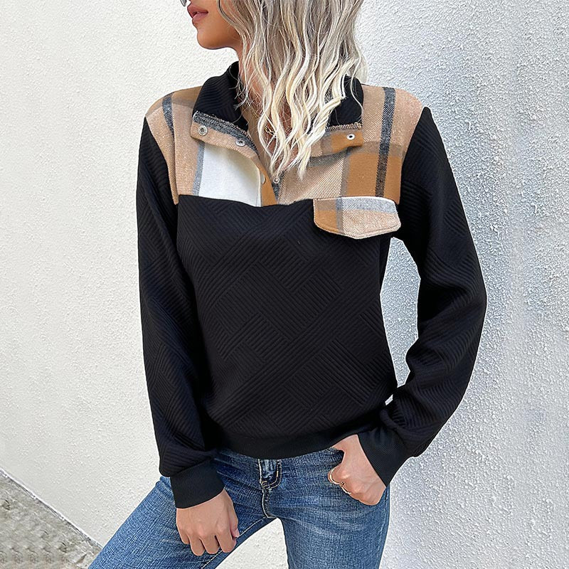 Plaid Patchwork Pullover with Polo Collar and Quilted Body