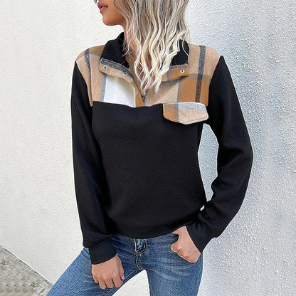 Plaid Patchwork Pullover with Polo Collar and Quilted Body
