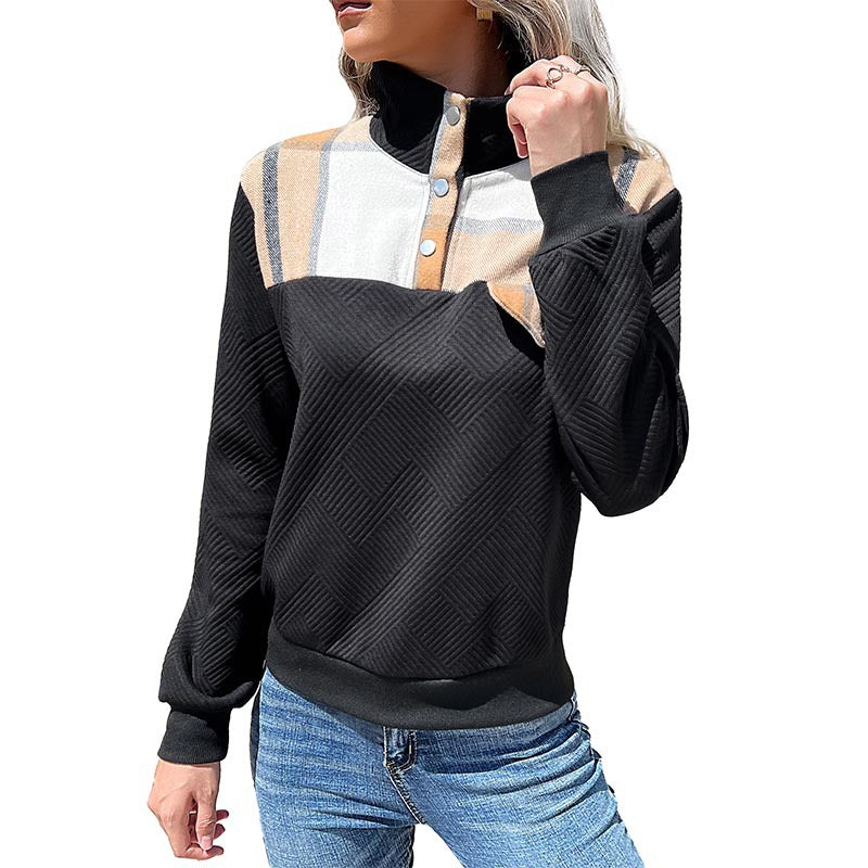 Plaid Patchwork Pullover with Polo Collar and Quilted Body