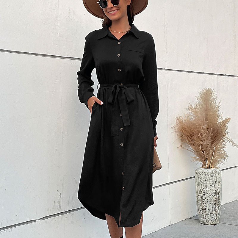 Solid Midi Shirt Dress with Button Front and Tie Belt