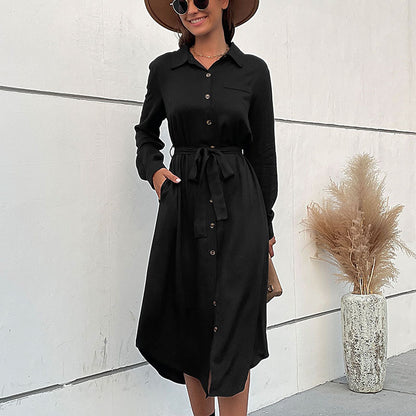 Solid Midi Shirt Dress with Button Front and Tie Belt