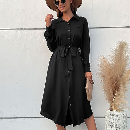 Solid Midi Shirt Dress with Button Front and Tie Belt