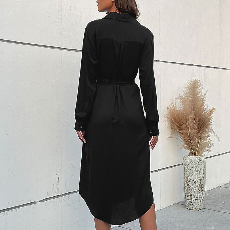 Solid Midi Shirt Dress with Button Front and Tie Belt