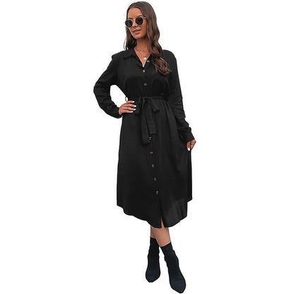 Solid Midi Shirt Dress with Button Front and Tie Belt