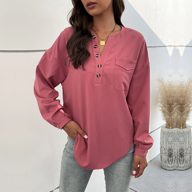 Solid Color Henley Shirt with Long Sleeves and Chest Pocket