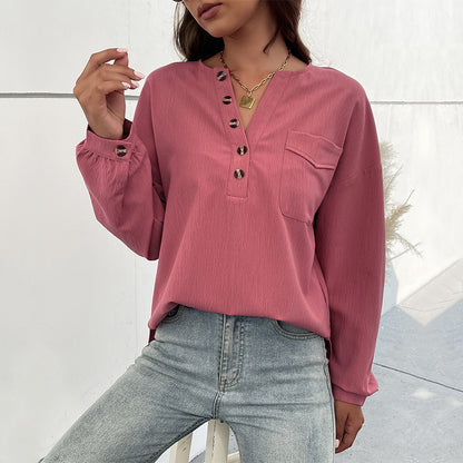 Solid Color Henley Shirt with Long Sleeves and Chest Pocket