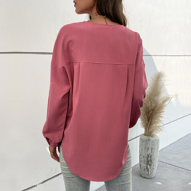 Solid Color Henley Shirt with Long Sleeves and Chest Pocket