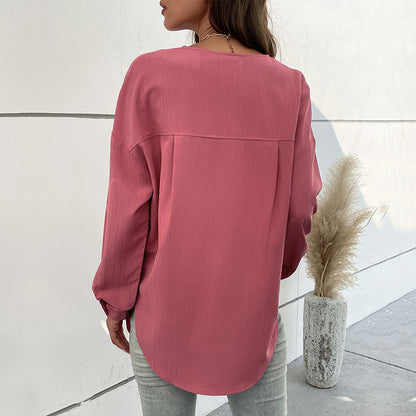 Solid Color Henley Shirt with Long Sleeves and Chest Pocket