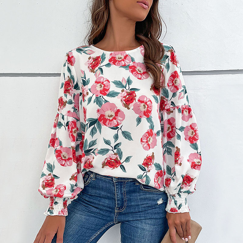 Floral Print Blouse with Crewneck and Balloon Sleeves