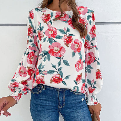 Floral Print Blouse with Crewneck and Balloon Sleeves