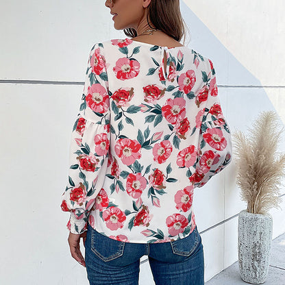 Floral Print Blouse with Crewneck and Balloon Sleeves