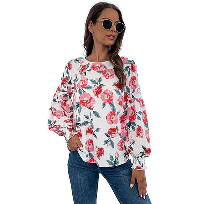 Floral Print Blouse with Crewneck and Balloon Sleeves