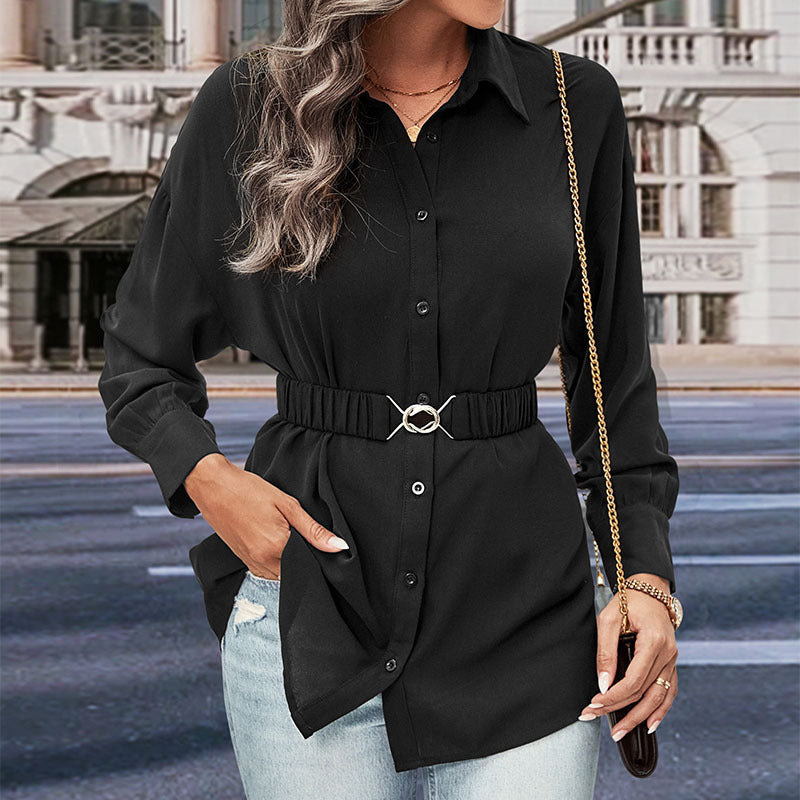 Solid Button-Down Tunic Shirt with Lapel Collar and Belt