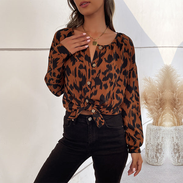 Leopard Print Button-Front Blouse with Long Sleeves