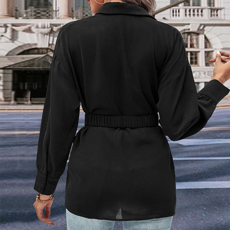 Solid Button-Down Tunic Shirt with Lapel Collar and Belt