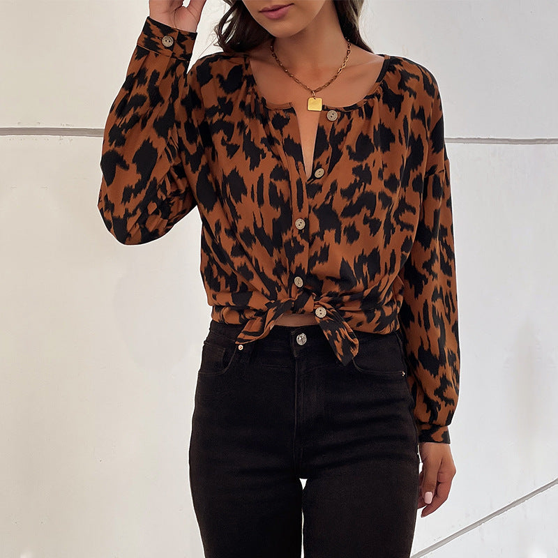 Leopard Print Button-Front Blouse with Long Sleeves