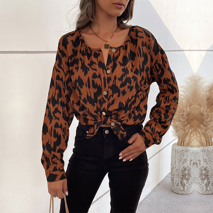 Leopard Print Button-Front Blouse with Long Sleeves