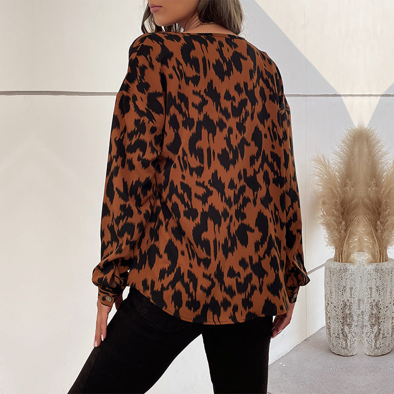 Leopard Print Button-Front Blouse with Long Sleeves
