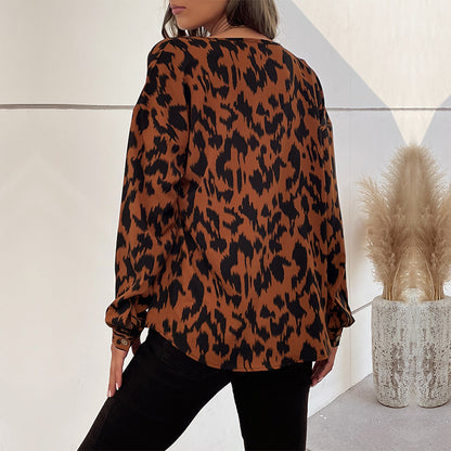 Leopard Print Button-Front Blouse with Long Sleeves