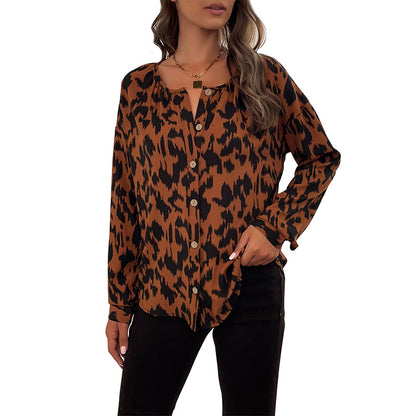 Leopard Print Button-Front Blouse with Long Sleeves