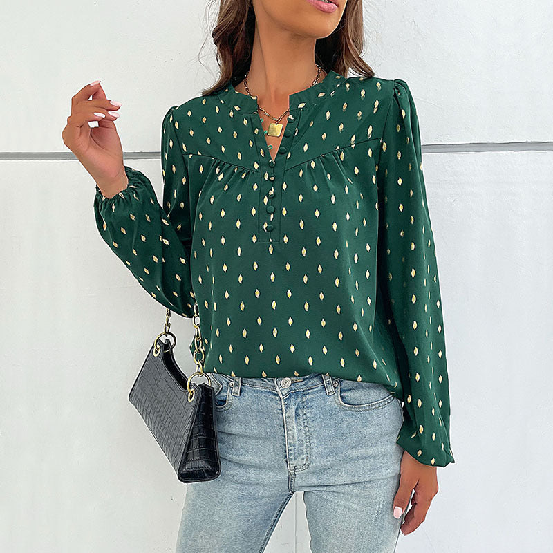 Gold-Stamped Rhombus Print Blouse with V-Neck and Long Sleeves
