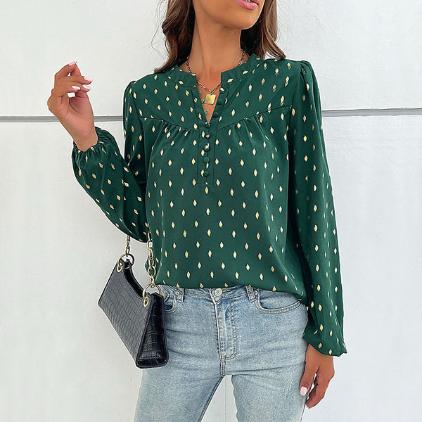 Gold-Stamped Rhombus Print Blouse with V-Neck and Long Sleeves