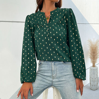 Gold-Stamped Rhombus Print Blouse with V-Neck and Long Sleeves