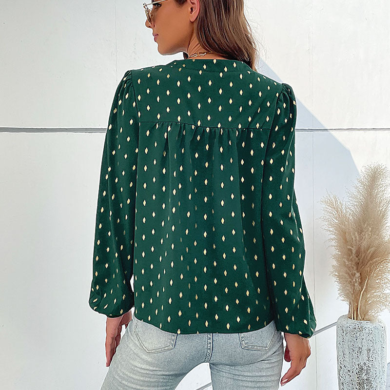 Gold-Stamped Rhombus Print Blouse with V-Neck and Long Sleeves