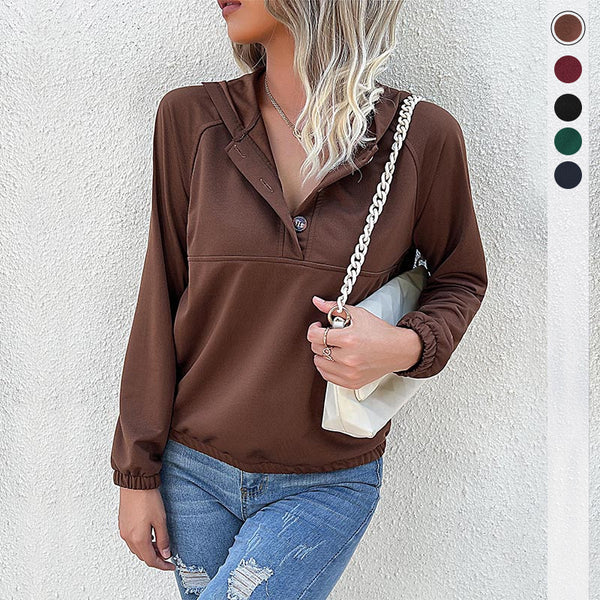 Solid Color Hooded Pullover with Button Placket and Raglan Sleeves