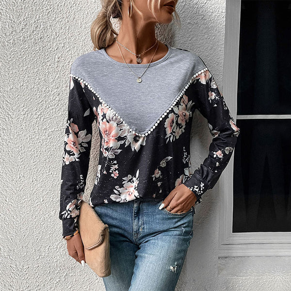 Floral Color-Blocked Pullover with Pom-Pom Trim