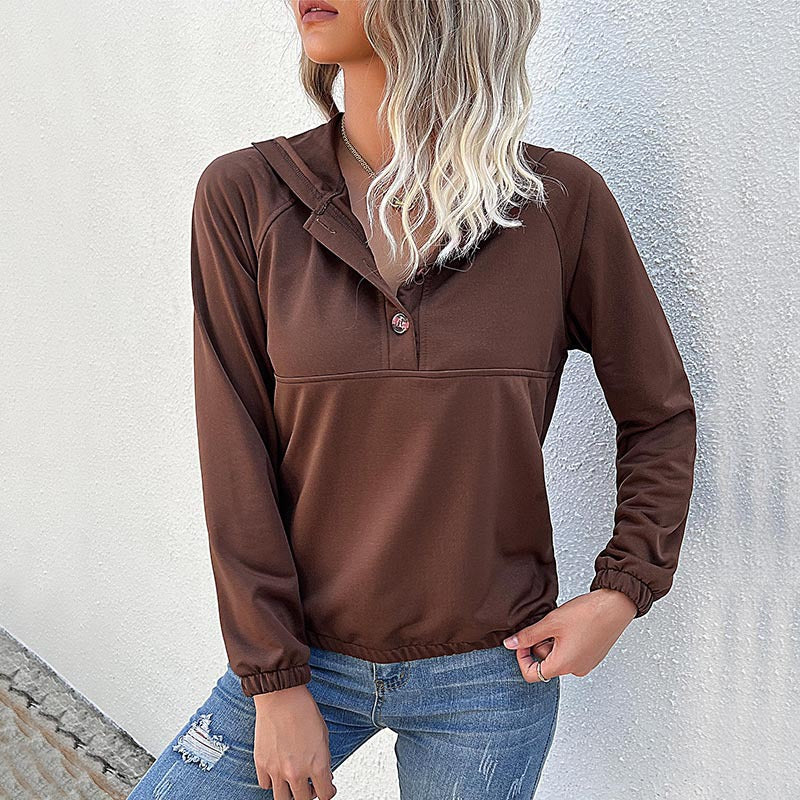 Solid Color Hooded Pullover with Button Placket and Raglan Sleeves