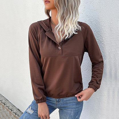 Solid Color Hooded Pullover with Button Placket and Raglan Sleeves