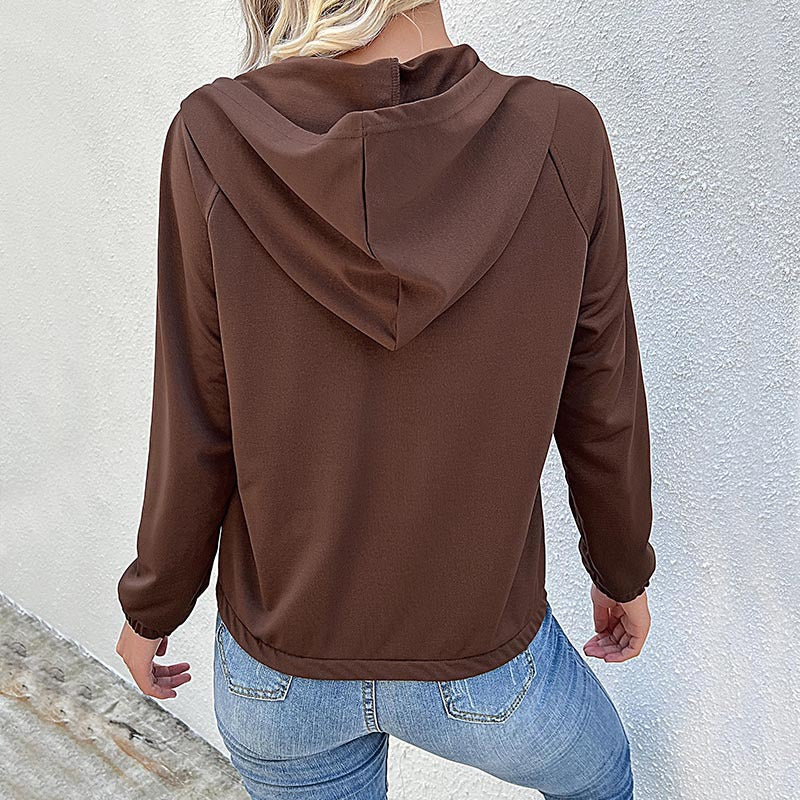 Solid Color Hooded Pullover with Button Placket and Raglan Sleeves