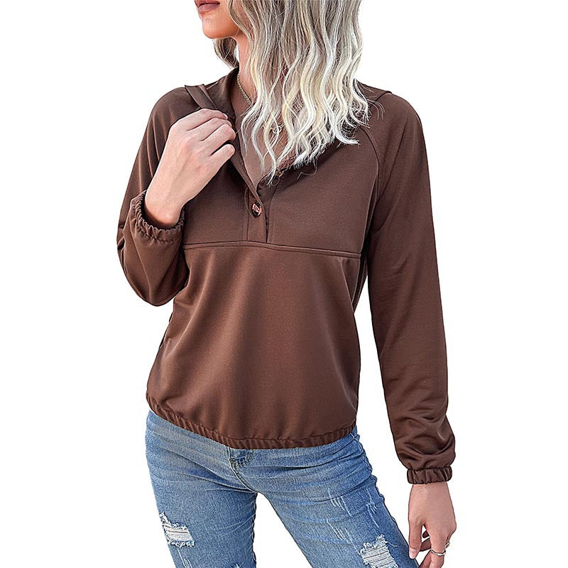 Solid Color Hooded Pullover with Button Placket and Raglan Sleeves