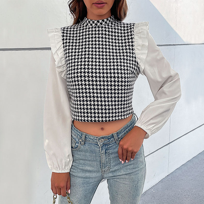 Houndstooth Cropped Top with Ruffled Shoulders