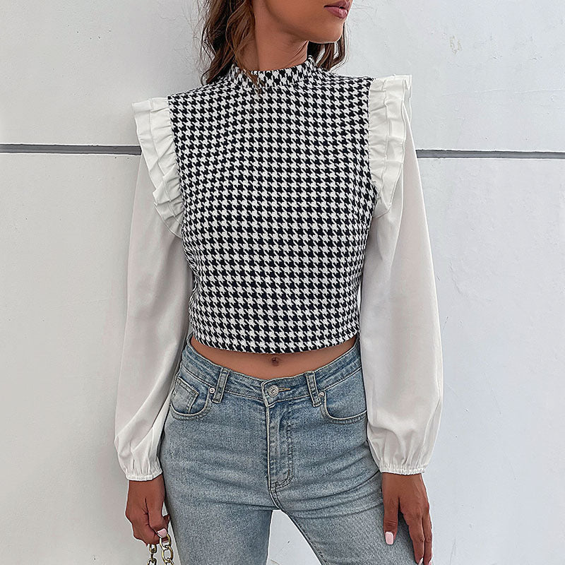 Houndstooth Cropped Top with Ruffled Shoulders