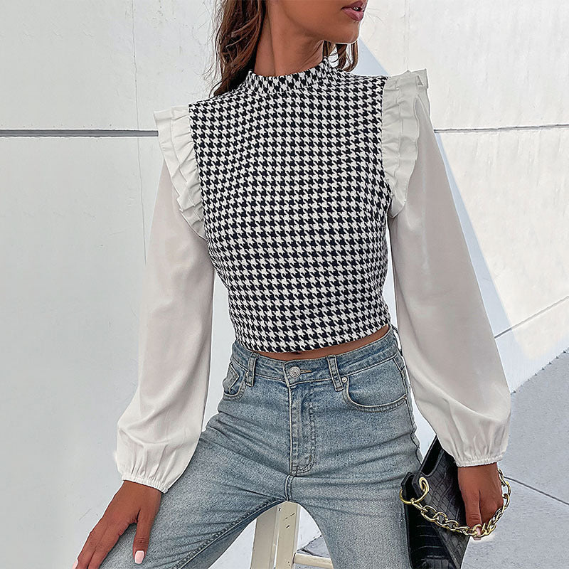 Houndstooth Cropped Top with Ruffled Shoulders