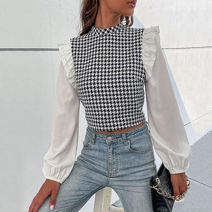 Houndstooth Cropped Top with Ruffled Shoulders