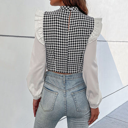 Houndstooth Cropped Top with Ruffled Shoulders