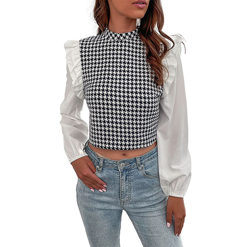 Houndstooth Cropped Top with Ruffled Shoulders
