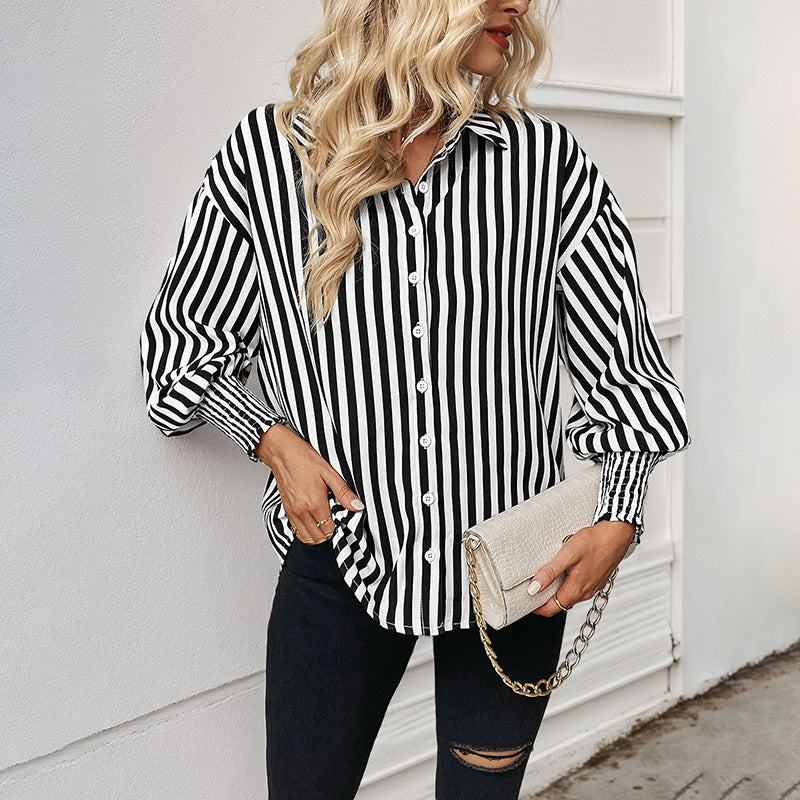 Striped Button-Down Shirt with Lapel Collar and Shirred Cuffs