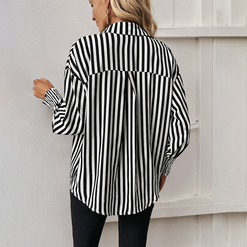 Striped Button-Down Shirt with Lapel Collar and Shirred Cuffs