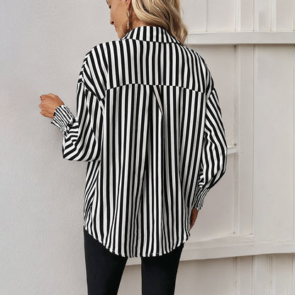 Striped Button-Down Shirt with Lapel Collar and Shirred Cuffs