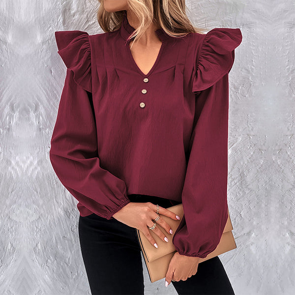 Solid Loose Blouse with Ruffle Shoulders and V-Neck