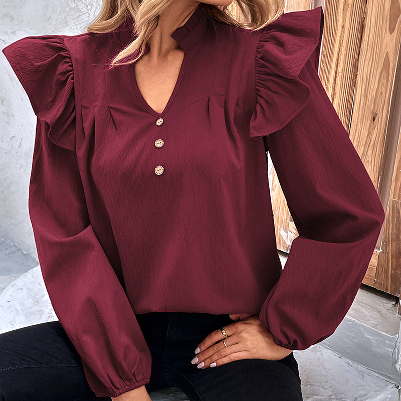 Solid Loose Blouse with Ruffle Shoulders and V-Neck