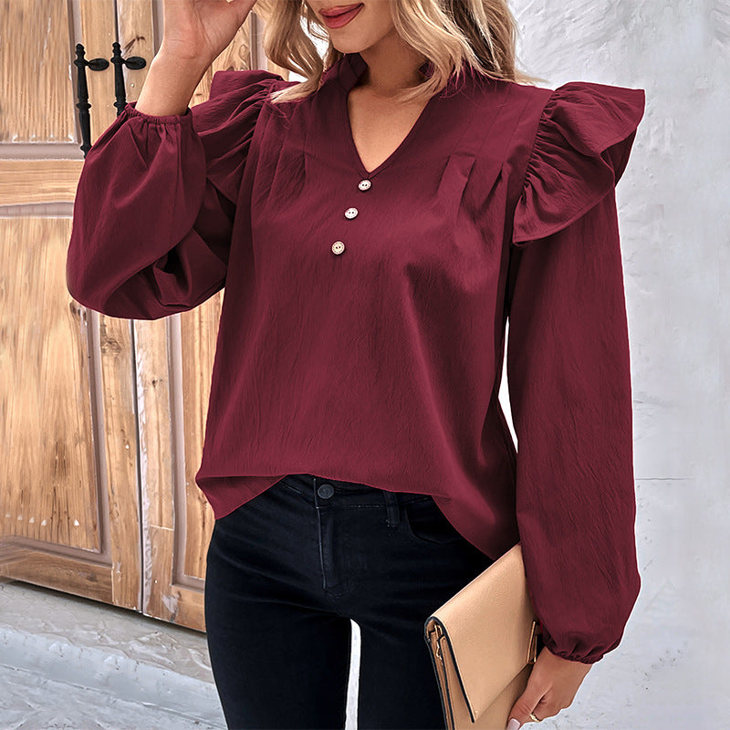 Solid Loose Blouse with Ruffle Shoulders and V-Neck