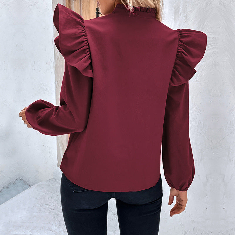 Solid Loose Blouse with Ruffle Shoulders and V-Neck