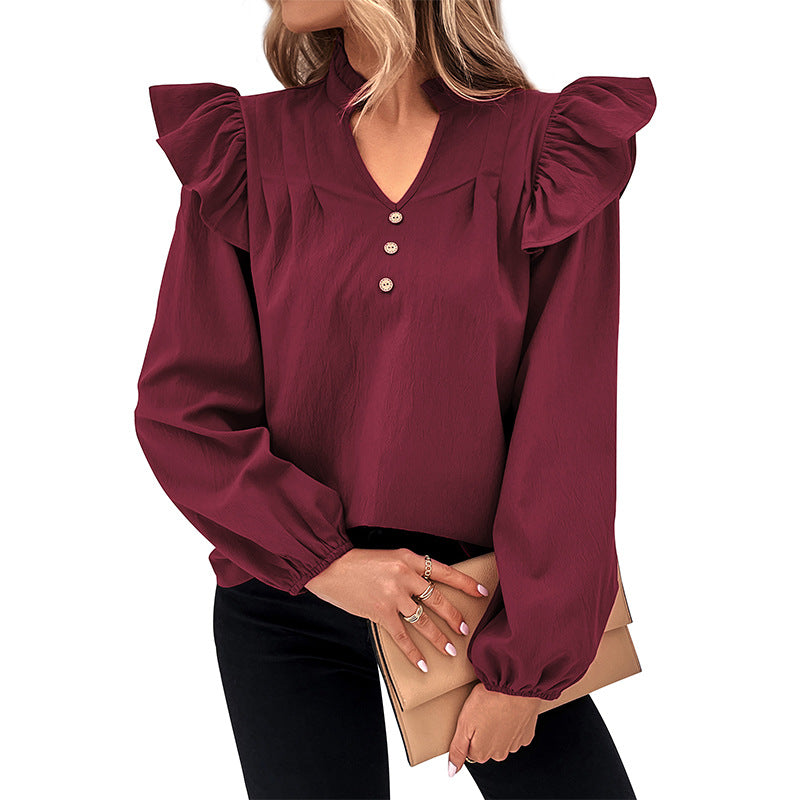 Solid Loose Blouse with Ruffle Shoulders and V-Neck