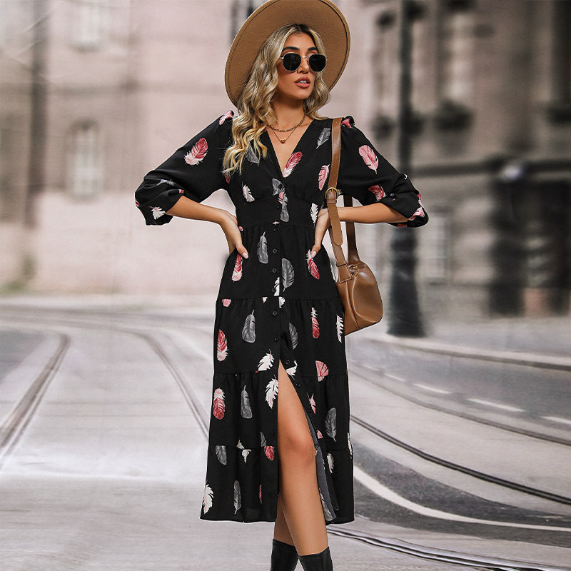 Feather Print A-Line Midi Dress with V-Neck and Ruffled Hem